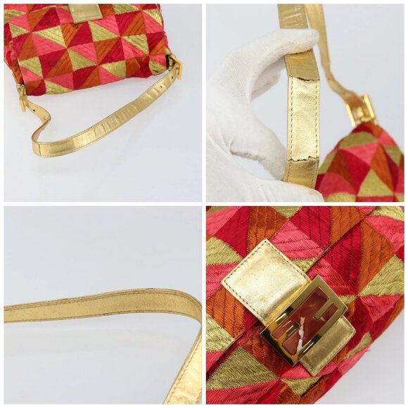 FENDI Mamma Baguette Shoulder Bag Satin Red Gold Auth 144979 - Picture 16 of 16